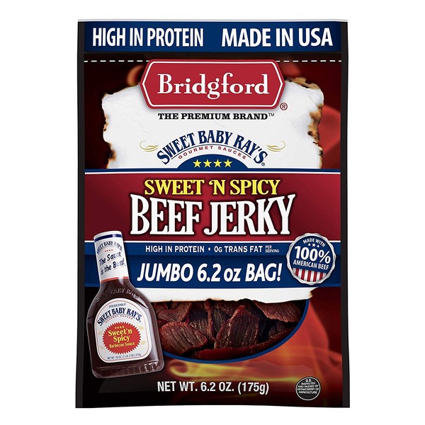 Bridgford Sweet Baby Ray's Sweet 'N Spicy Beef Jerky, High Protein, Zero Trans Fat, Made With 100% American Beef, 6.2 Oz, Pack of 3