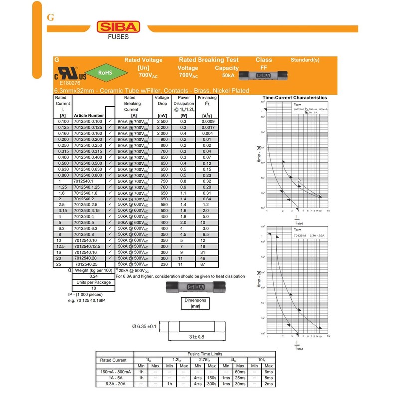 SIBA FF20A 7012540 Fast Quick Blow Fuse Ceramic 6.3 *