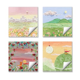 LuckyOpt 4 Pack Sticky Notes, 80 * 80mm Oil Painting Style Self-Stick Notes in 4 Mixed Colours, 320Sheets Cute Self Stick Post for Refrigerator, Scrapbook, Office, Messages (Oil Painting Style)