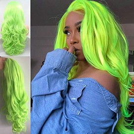 Best Fluorescent Green Synthetic Lace Front Wigs for Women Long Body Wave Synthetic Lace Front Wigs Natural Hairline Pastel Bright Green Heat Safe Fiber Cosplay Party Wig 24"