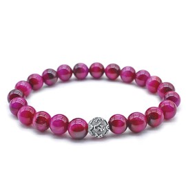 MetJakt 18-18.5cm Natural 8mm Gemstones Healing Crystal Stretch Beads Bracelet Bangle with 925 Sterling Silver Sanskrit Mantra Charm (Red Tiger Eye)