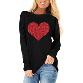 Womens Love Heart T-Shirts Casual Long Sleeve Valentine's Day Graphic Tees Tops(1219-Black-A,M)