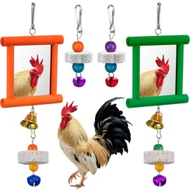 Sumind 2 Pieces Chicken Mirror Toys Hanging Swing Mirror with Bell Wooden Pecking Toy and 4 Pieces Beak Grinding Molar Stones for Hens Birds Parrots(Green,Orange)