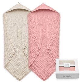 FAVERDIIY Hooded Baby Towels for Newborn, 35x35 Inch 2 Pack 100% Muslin Cotton Baby Bath Towel, Soft Baby Beach Towels with Hood for Infants, Toddlers and Kids, Essentials Must Haves
