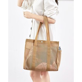 Kimstore Beach Bag, Pool Bag, Lightweight, 38L, Large Capacity, Quick Drying, Foldable, Mesh Bag for Beach, Shopping, Swimming, Gym, Spa, Spa, Travel (Black), Khaki, Free size