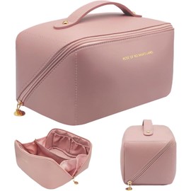 Bolsa de Cosmeticos de Viaje, Cosmetiquera de Piel para Mujeres, Neceser de Viaje Impermeable, Makeup Bag de Gran Capacidad, Bolsa de Maquillaje Portátil, Bolsa de Aseo con Asa (Rosa)