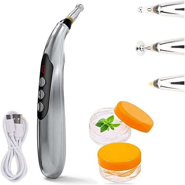 ZEERKEER Electronic Acupuncture Pen 3 in 1 Acupuncture Massage Pen with 3 Massage Heads for Pain Relief, USB Rechargeable Powerful Meridian Energy Pen, Includes Massaging Gel(USB Powered)