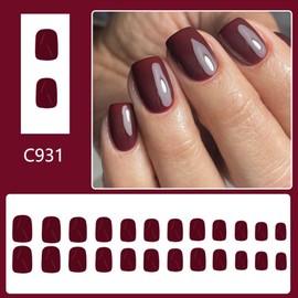 Dark Red Press on Nails Short Square Fake Nails with Designs Glossy Burgundy Stick on Nails Solid Red False Nails Full Cover Reusable Spring Summer Acrylic Nails for Women Girls Manicure 24pcs