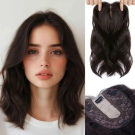 Large Base Toppers Hair Pieces for Women Full Volume Middle Part Clip in Bangs Synthetic Wavy Hair Topper for Daily Wearcolor: 4 6A, stretched length: 14inches, toupee size: 6x6