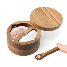 Wood Salt and Pepper Bowl, with Swivel Lid and Spoon Round Salt Container Spices Storage Box(4.06inchs)