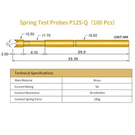 Spring Test Probes, 100Pcs P125-Q High Accuracy Round Pogo Pins for PCB Board Testing Contact