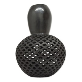 NOVICA Barro Negro Large Ceramic Vase, Black, 'Black Gourd Honeycomb'