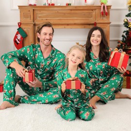 Weixinbuy Christmas Pjs for Family Pajamas Matching Sets Long Sleeve Button Down Holiday Sleepwear Xmas Jammies Loungewear Set for Couples/Men/Women/Kids - Green,Women/XL