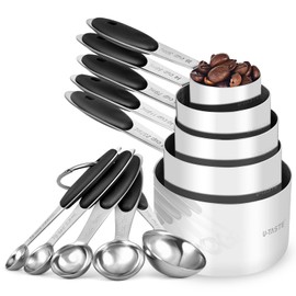 Measuring Cups and Spoons Set: U-Taste 18/8 Stainless Steel 10 Pieces Metal Stacking Kitchen Baking Cooking Food Measure Set 5 Cups 5 Spoons with Strengthened Weld Joints (Black, Upgraded Version)