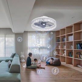 Baycnic Ceiling Fans,Low Profile Ceiling Fan with Light,Flush Mount Ceiling Fans,with Bluetooth Speaker, Modern Fandelier Ceiling Fan for Bedroom/Kitchen/Small Room,with APP/Remote Control,White
