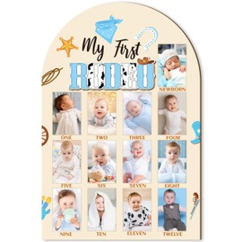 R HORSE 3D My First Rodeo Birthday Wood Photo Display Board, Blue Cowboy Baby's First Year Picture Frame, 1-12 Months Milestone Board Birthday Decorations Keepsake Gift for Baby Boys Nursery Decor