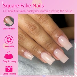 AddFavor 240pcs Jelly Nude Press on Nails Medium Square Fake Nails, Glossy Acrylic Press on Nails Gel False Nails with Adhesive Stick for women
