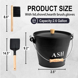Ash Bucket with Lid Shovel and Hand Broom, 1.5 Gallon Fireplace Metal Bucket Reinforced Base & Ash Can, Fire Pit,Wood Burning Stove for Fireplace, Galvanized Iron Tool Set Accessories