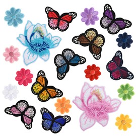 Heyu-Lotus Pack of 20 iron-on patches, flowers butterfly, iron-on patch set, sew-on patches stickers, suitable for children, DIY T-shirt, jeans, clothing, bags, patches, pat