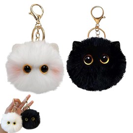 CPRNQY Pack of 2 Key Fob Cat, Key Ring Cat Plush, Cat Key Ring, Cute Cat Plush Key Ring, Birthday Gift (Black + White), black