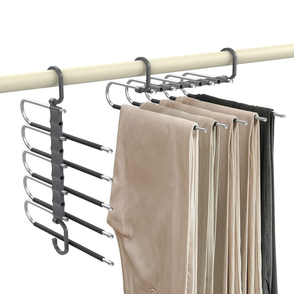 Housolution Hangers, Pants Hangers, Set of 2, Slacks, Hangers, Non-Slip, 5 Tiers, Folding, Drying Stand, Space Saving, Vertical and Horizontal, Non-Slip, Wrinkle Resistant, Stainless Steel, Lightweight, Multifunctional, 360° Rotation, Multi Hangers, Blac