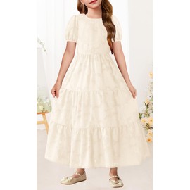 MITILLY Flower Girl Dresses Elegant Puff Short Sleeve A-Line Ruffle Tiered Flowy Boho Maxi Dresses for Kids with Pockets 8 Years Apricot