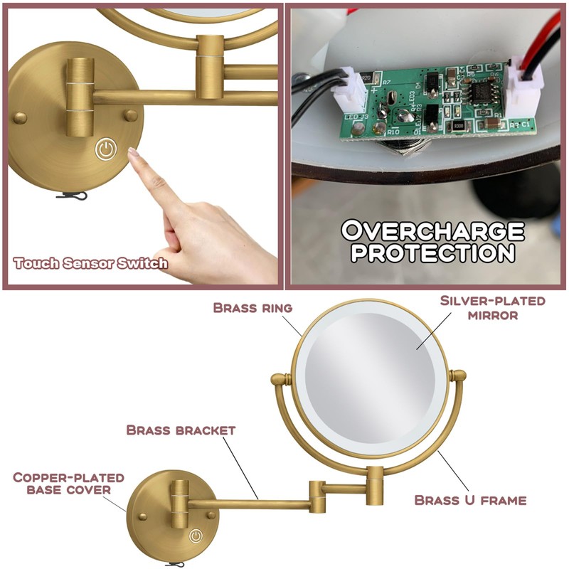 RECKODOR Brass Wall Mounted Makeup Mirror with Lights and Magnification,