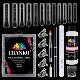 EBANKU Poly Gel Nail Forms Kit - 120PCS Reusable Square Dual Forms for Builder Gel, Nail Mold Kit with 2.5oz Slip Solution, Brush, File, 5PCS Clips - 12 Sizes