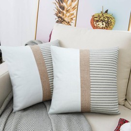 JASEN Farmhouse Pillow Covers 18x18, Modern Accent Square Throw Pillow Covers Set of 2, Grey and Beige Striped Patchwork Decorative Pillow Case for Sofa Couch Chair Bedroom