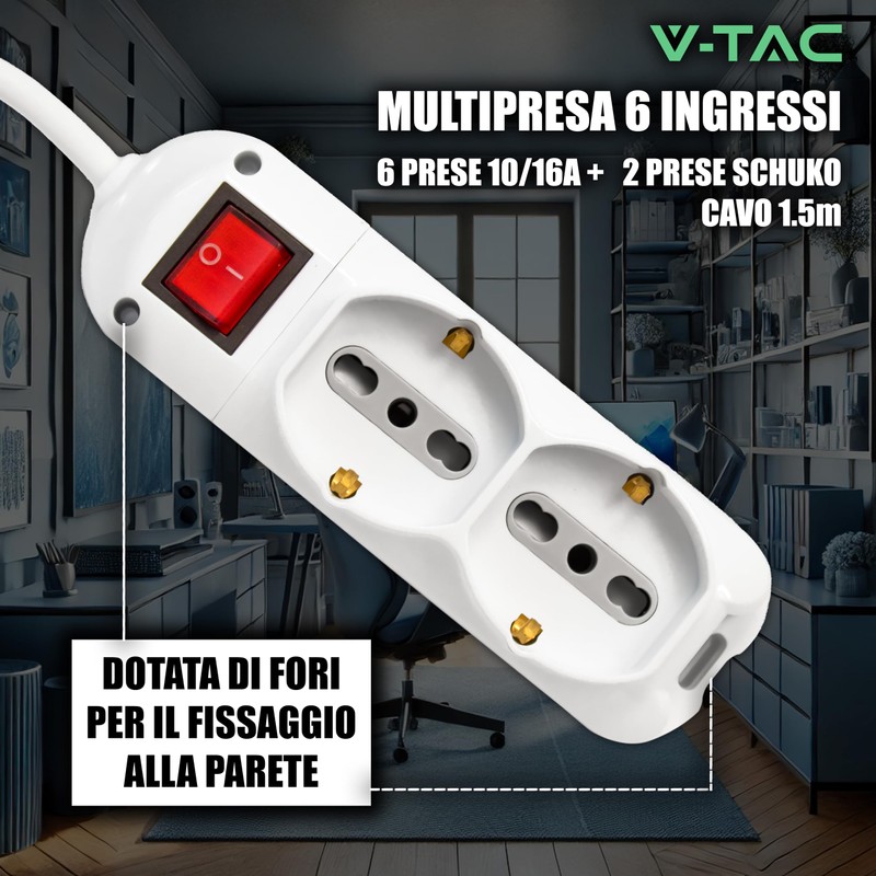 V-TAC 6 Gang Electric Multi Socket with Switch and 1.5m