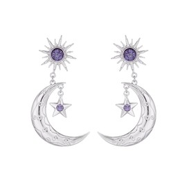 Moon Sun Star Purple Crystal Dangle Drop Earrings for Women Gold Silver Plated Bohemian Irregular Crescent Planet Chic Rhinestone Cubic Zirconia Geometric Celestial Earrings for Birthday Valentine Wedding Brides Fashion Jewelry Gifts (Silver)