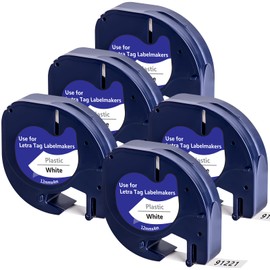 5 x Yuanqimm Label Tape Compatible with Dymo Letratag Label Tape 91221 S0721660 Plastic White 12 mm x 4 m Waterproof Tapes for Dymo Letatag LT-100H Labelling Device 100T 110T XM XR QX50 2000 200B