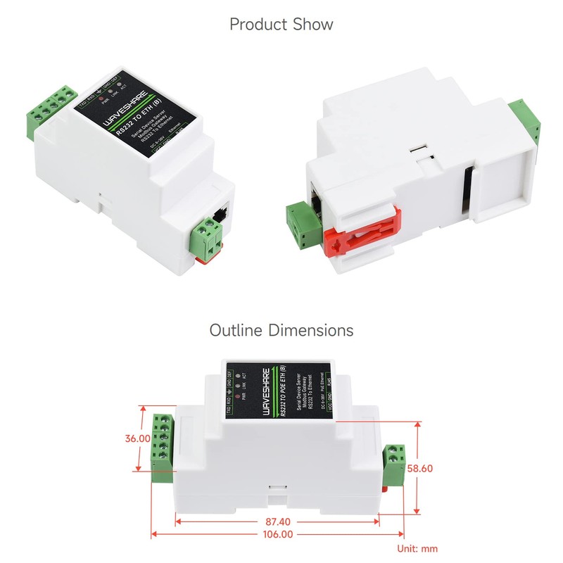 Waveshare Industrial Serial Server, RS232 to RJ45 Ethernet, TCP/IP to