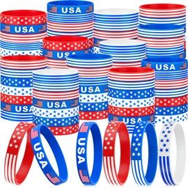 Sosation 72 Pcs 4th of July Party Favors Bracelets USA American Flag Red White and Blue Bracelet Patriotic Silicone Wristbands for 250th Anniversary Independence Day Party Favor
