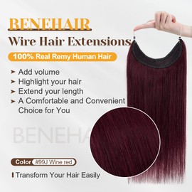 Benehair Human Hair Extensions Thick Ends Invisible Wire Real Human Hair with 2 Fish Lines Thicker Hairpieces Wine Red Hair Extensions Straight Thicker Hairpieces for women #99J 20inch 110g