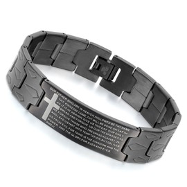 Flongo Edelstahl Armband Armreif Link Handgelenk Schwarz Spanisch Bibel Herr Gebet Kruzifix Kreuz Klassiker Herren