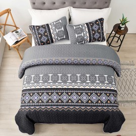 WONGS BEDDING Boho Quilt Set Queen,Black Grey Bedspread Coverlet Set with 2 Pillowcase,Lightweight Geometry Printed Bohemian Bedding Set 96"×90"