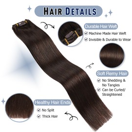 Sunya Clip-In Real Hair Extensions, Dark Brown, Remy Clip-In Real Hair Extensions, Natural Straight Hair Clip-In Extensions, Skin Weft, 80 g, 18 Inches, 7 Pieces with 16 Clips