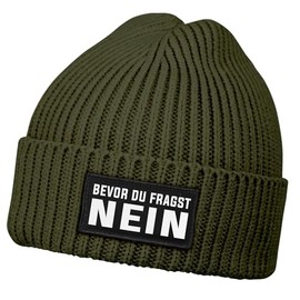 MoonWorks® Men's Beanie with Patch Knitted Hat with Saying "Bevor du Fragst - No" Print Funny Hat Men, olive