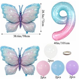 Kiwochy Gradient Pink Schmetterling Ballons 9. Geburtstag Dekoration Mädchen Deko 9 Jahre Schmetterling Geburtstag Party Set Riesige Bunte Schmetterling Folie Ballon für Schmetterling Party Supplies