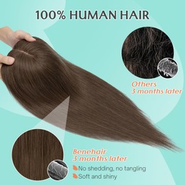 Benehair Human Hair Topper for Women - 9 * 12CM Silk Base, No Bangs, 150% Density, 100% Remy Hair Piece for Thinning Hair - Dark Brown, 16 Inch