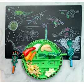 Constructive Eating Made in USA Dino Utensil Set and Plate with Imagination Starters Crayons and Reusable Dino Placemat…