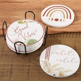 Kate Aspen 12PCS Boho Ceramic Coaster with Holder, Home Décor & Gift Set Party Favor for Wedding, Bridal Shower,Birthday and Anniversary