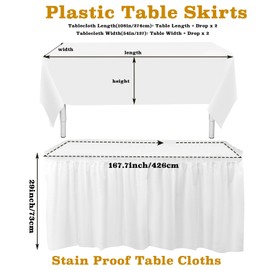 COCPOK 6 Pack Plastic Table Skirts and Table Cloths, 3Pcs 54 x 108 in Stain Proof Plastic Tablecloth, 3Pcs 168 x 29 in Disposable Tablecloth Skirt for Rectangle Tables Wedding Party Baby Shower, White