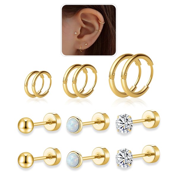 Flat Back Stud Earrings and Small Hoops Earrings Sets for