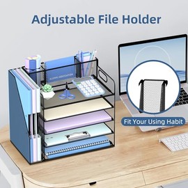 SUPEASY Organizador de papel de 5 niveles para escritorio con 3 soportes para bolígrafos y soporte para revistas, bandeja de papel para cartas, organi