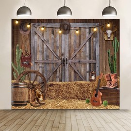 hraiufc Western Cowboy Barn Backdrop 10x8ft Western Party Decorations Banner Wild West Farmhouse Wood Door Barnyard Photography Background Cowboy Theme Birthday Party Decor Photoshoot Supplies Props