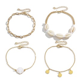 Pack of 4 Boho Anklets Multilayer Anklet Shell Anklet for Women, Adjustable Anklets for Women Gold, Adjustable Layered Anklets for Women and Girls, NO
