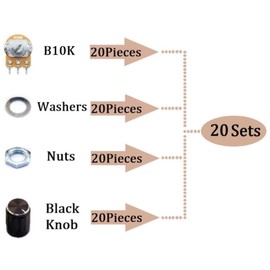 Dafurui 20Pack B10k Rotary Potentiometer 10k Ohm Linear Potentiometer Kit 3 Terminals 20mm Shaft with Nuts, Washers and Aluminum Alloy knobs