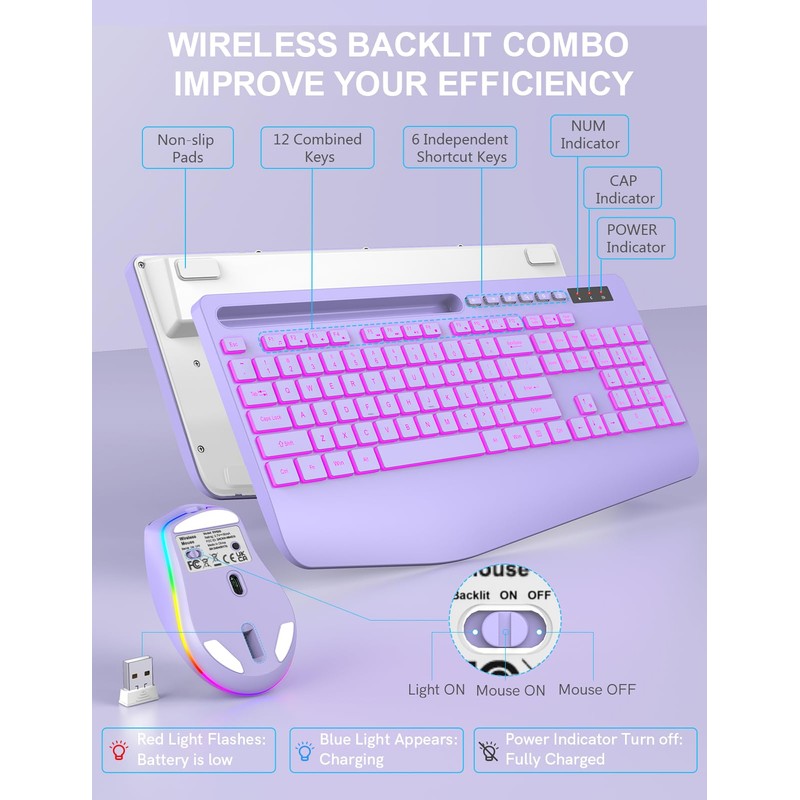 Wireless Keyboard and Mouse Combo with 7 Colored Backlits, Wrist